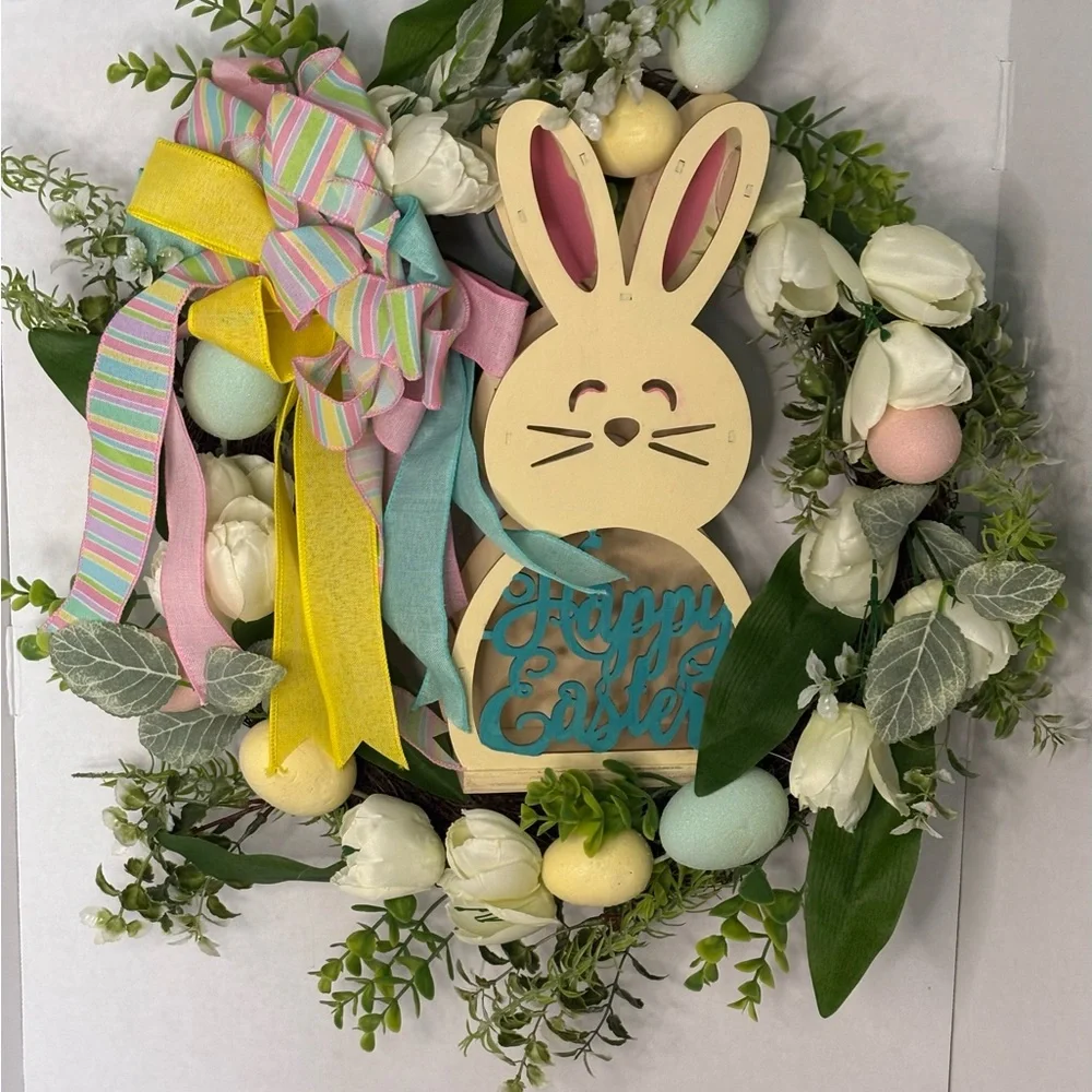 Wooden Bunny Happy Easter Sign with Pastel Accents. 19 inches round